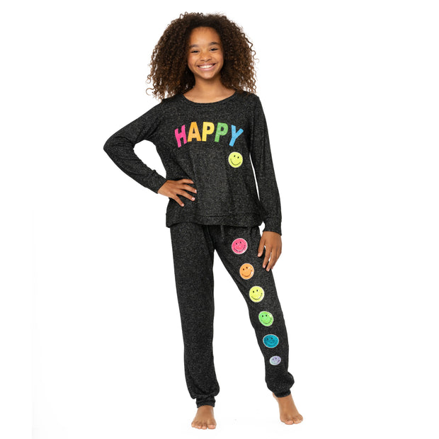 Girl's (8-14) Hacci Sweatshirt with a HAPPY Screen plus a Sequin Happy Face Patch