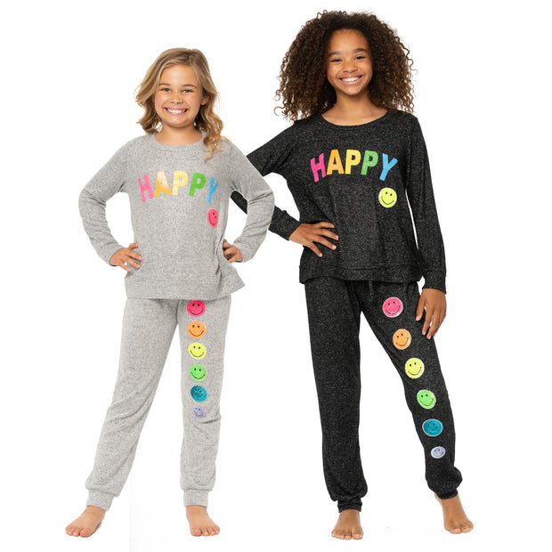 Girl's (8-14) Hacci Sweatshirt with a HAPPY Screen plus a Sequin Happy Face Patch