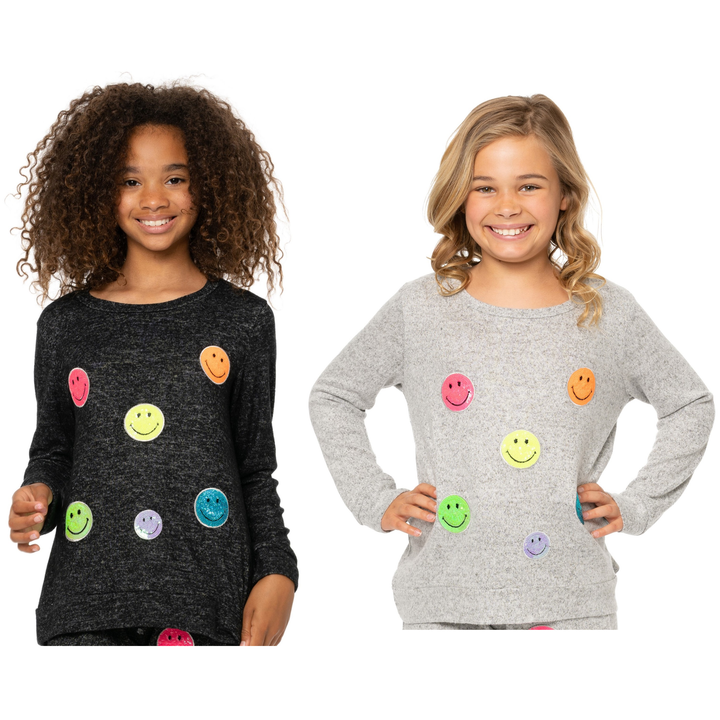Girl's (8-14) Hacci Sweatshirt with Neon Sequin Happy Faces Patches