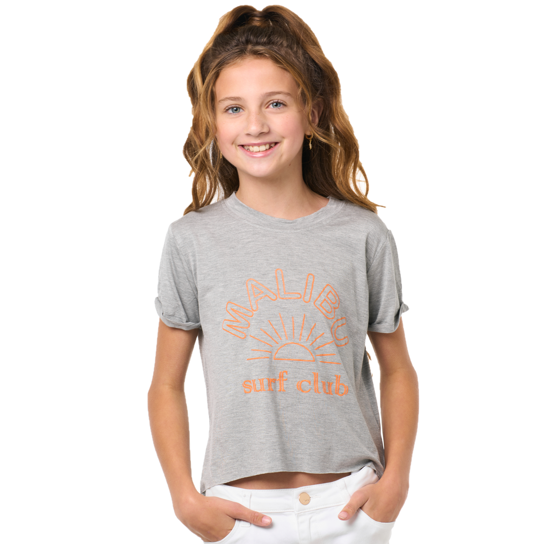 Girl's (8-14) Short Sleeve Crop Tee with Malibu Surf Club Screen