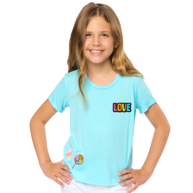 Girl's (8-14) Short Sleeve Crop Tee with LOVE, LOLLIPOP and STAR Patches