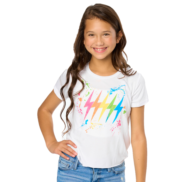 Girl's (8-14) Short Sleeve Crop Tee with Lightning Bolt with Scatter Paint Screen