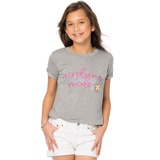 Girl's (8-14) Short Sleeve Crop Tee with Airplane Mode Screen and Airplane Patch