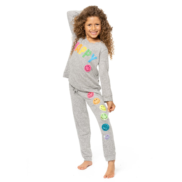 Little Girl's (4-6x) Hacci Sweatshirt with HAPPY Screen plus a Sequin Happy Face Patch