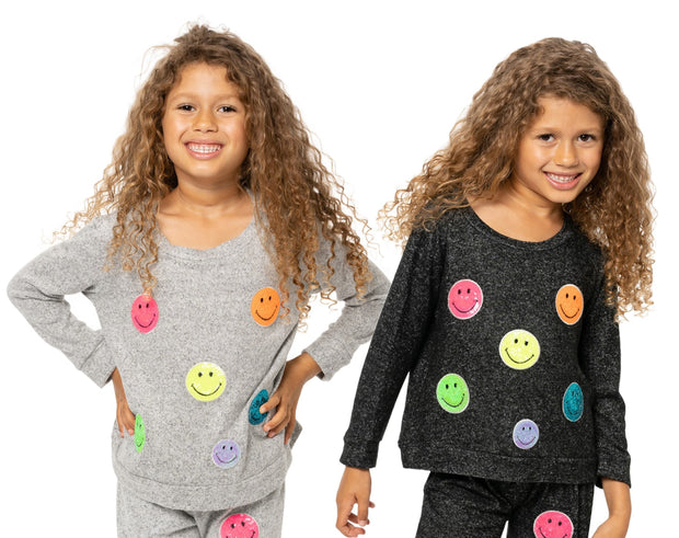 Little Girl's (4-6x) Hacci Sweatshirt with Neon Sequin Happy Faces Patches