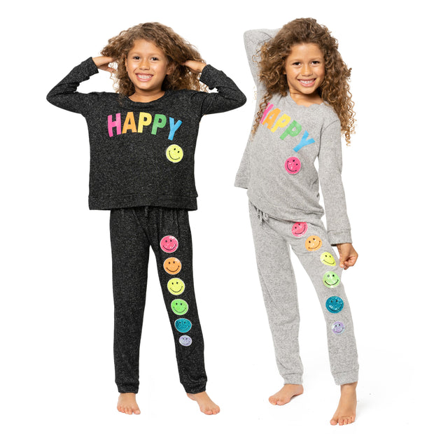 Little Girl's (4-6x) Hacci Sweatshirt with HAPPY Screen plus a Sequin Happy Face Patch