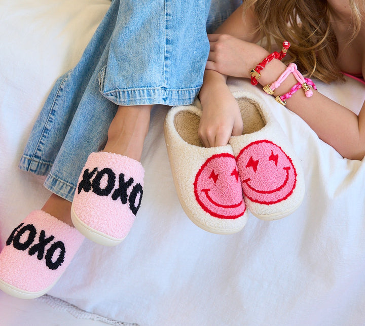 Girl's (10-14) Plush Slippers with a Happy Face and Lightning Bolt Eyes