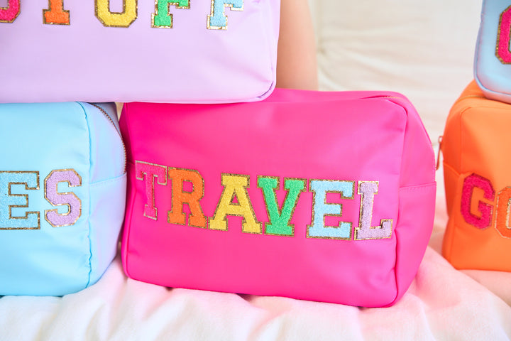 Nylon Pouch w/ TRAVEL Chenile Patch - 6 COLORS