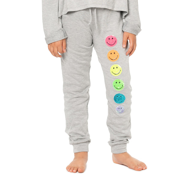 Girl's (8-14) Butter Fleece Sweatpants with Neon Sequin Smiley Face Patches
