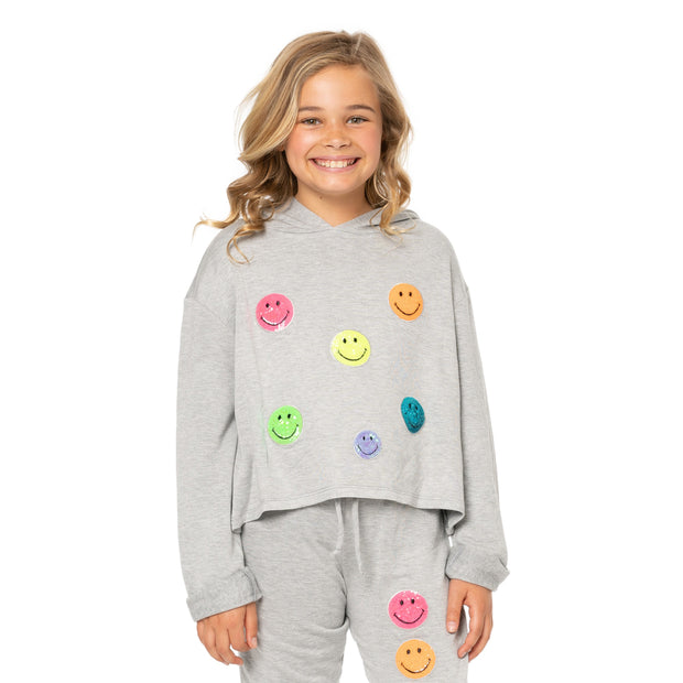 Girl's (8-14) Butter Fleece Hooded Sweatshirt with Neon Sequin Smiley Face Patches