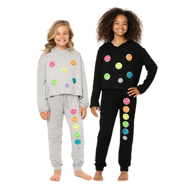 Girl's (8-14) Butter Fleece Sweatpants with Neon Sequin Smiley Face Patches