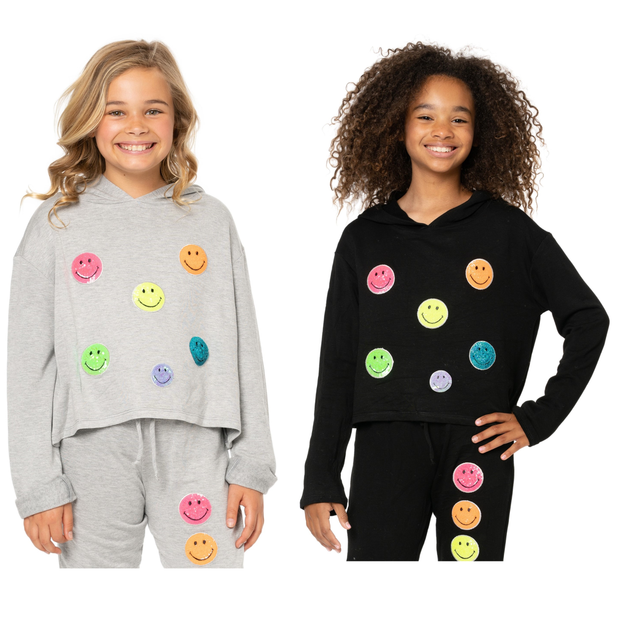 Girl's (8-14) Butter Fleece Hooded Sweatshirt with Neon Sequin Smiley Face Patches