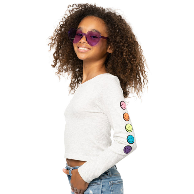 Girl's (8-14) Long Sleeve Ribbed Crop Top with Chenille Smiley Face Patches on Left Sleeve