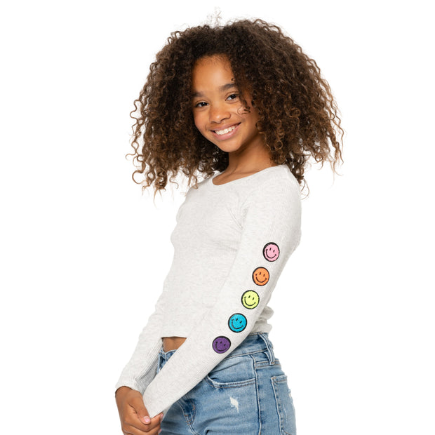 Girl's (8-14) Long Sleeve Ribbed Crop Top with Chenille Smiley Face Patches on Left Sleeve