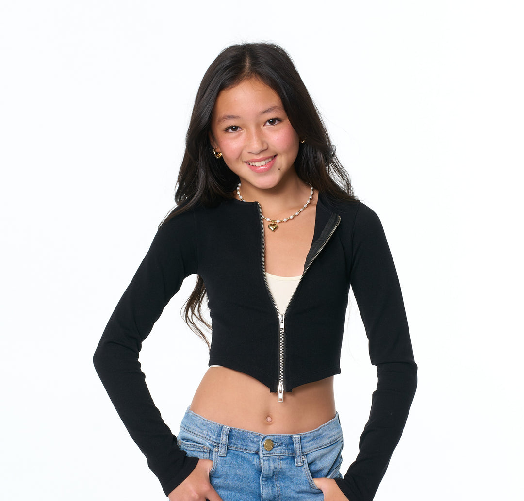 Long Sleeve Seamless Zip up Crop Cardigan For Tweens