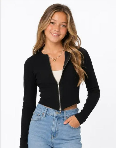 Long Sleeve Seamless Zip up Crop Cardigan For Tweens