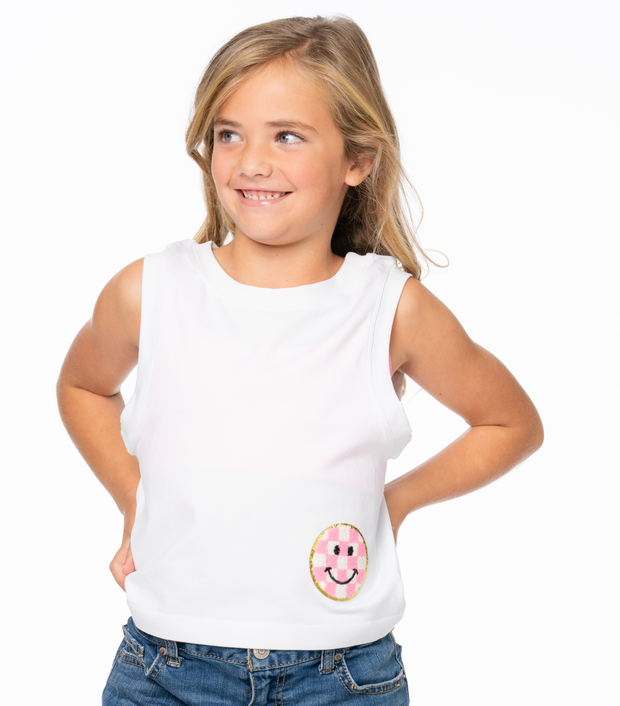 Girl's (8-12) Sleeveless Seamless Top with Checkered Smiley Face Patch