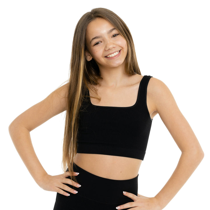 Girl's (10-14) One Size Ribbed Crop Sports Tank Top & One Size Ribbed Bike Shorts - Set