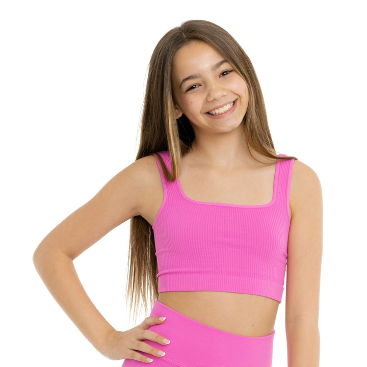Girl's (10-14) One Size Ribbed Crop Sports Tank Top & One Size Ribbed Bike Shorts - Set