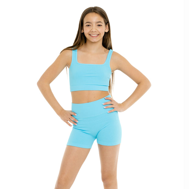 Girl's (10-14) One Size Ribbed Crop Sports Tank Top & One Size Ribbed Bike Shorts - Set