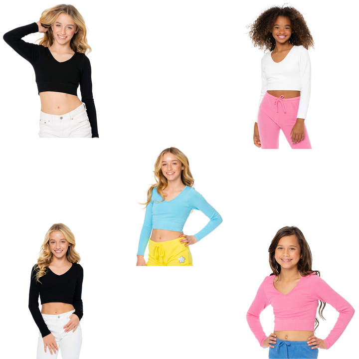 Girl's (8-12) Long Sleeve V Neck Crop Ribbed Top