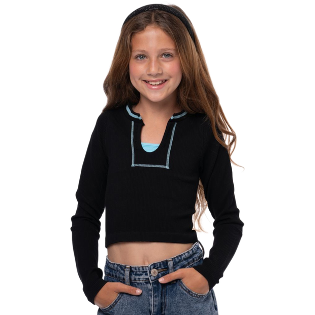 Girl's (8-14) Seamless Long Sleeve Ribbed Top with Contrast Stitching