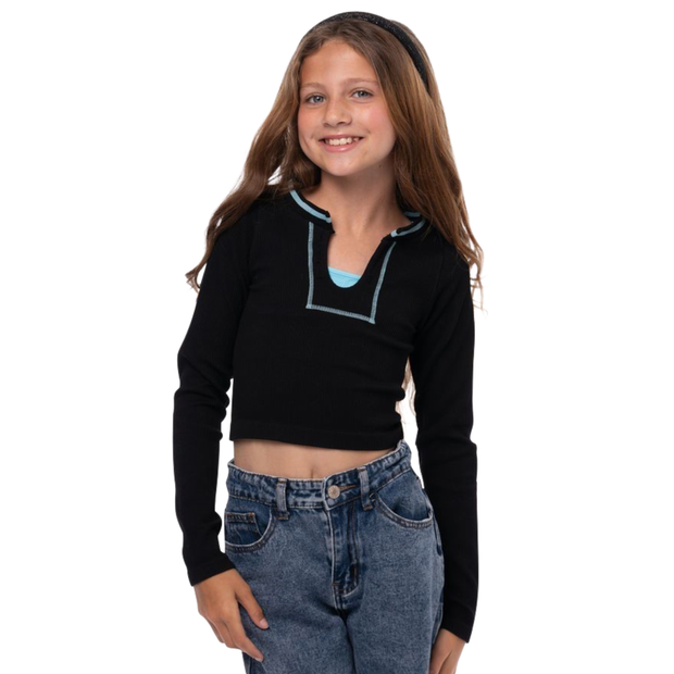 Girl's (8-14) Seamless Long Sleeve Ribbed Top with Contrast Stitching