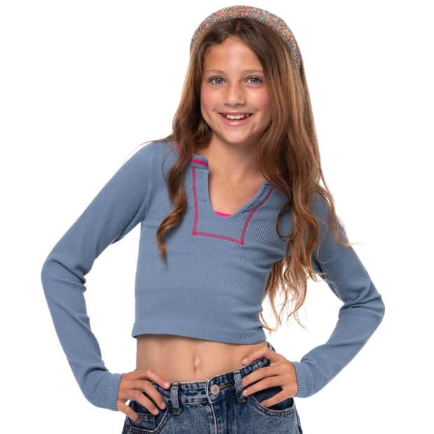 Girl's (8-14) Seamless Long Sleeve Ribbed Top with Contrast Stitching