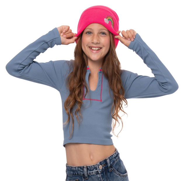 Girl's (8-14) Seamless Long Sleeve Ribbed Top with Contrast Stitching