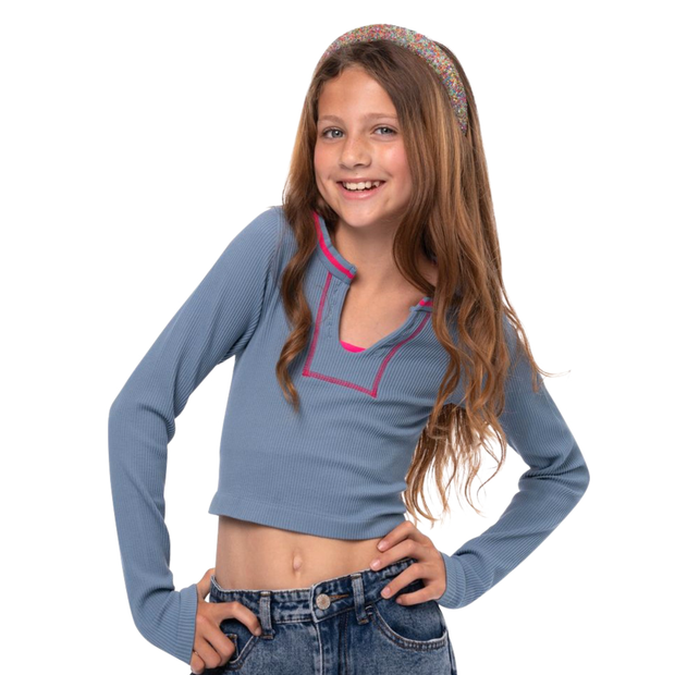 Girl's (8-14) Seamless Long Sleeve Ribbed Top with Contrast Stitching