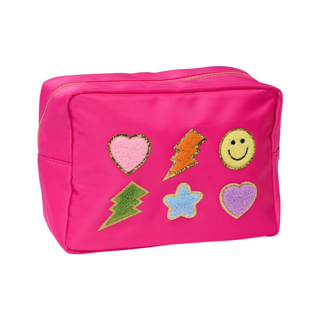 Nylon Pouches with Assorted Patches - Hot Pink