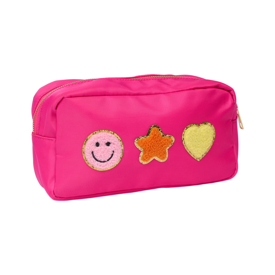 Nylon Pouches with Assorted Patches - Hot Pink
