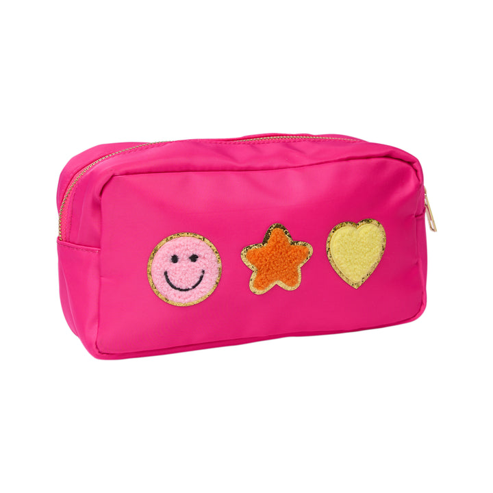 Nylon Pouches with Assorted Patches - Hot Pink