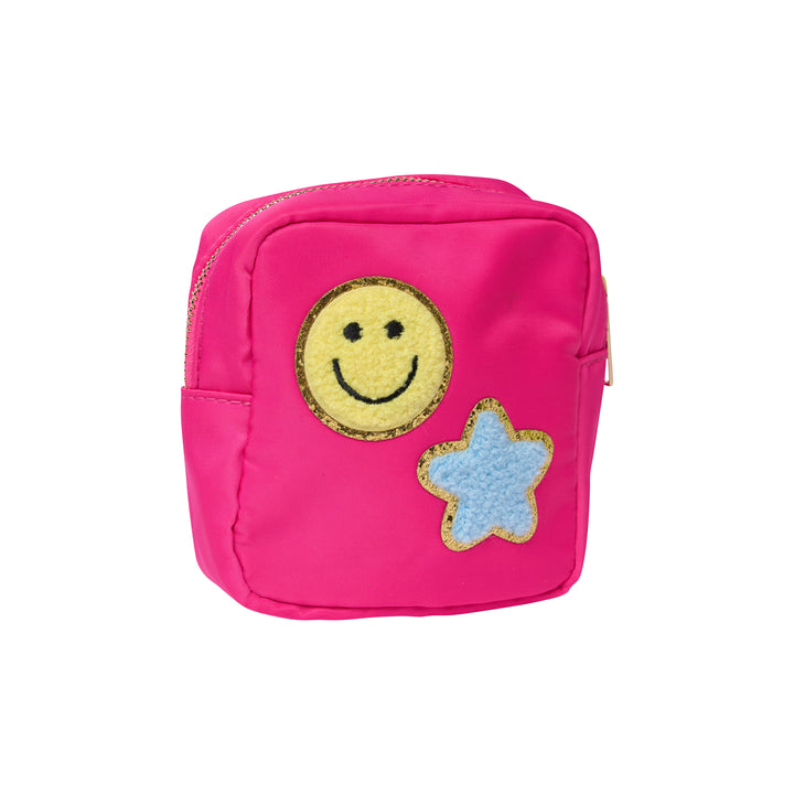 Nylon Pouches with Assorted Patches - Hot Pink