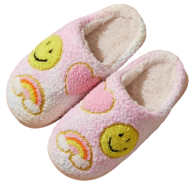 Smiley Face Blanket + Kids Pastel Rainbow Smiley face Slippers + Little Girls Solid Color Beanie with Rhinestone Smiley Face Patch
