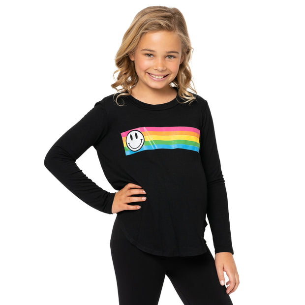 Girl's (8-14) Long Sleeve Tunic with Rainbow Stripe with Happy Faces screen