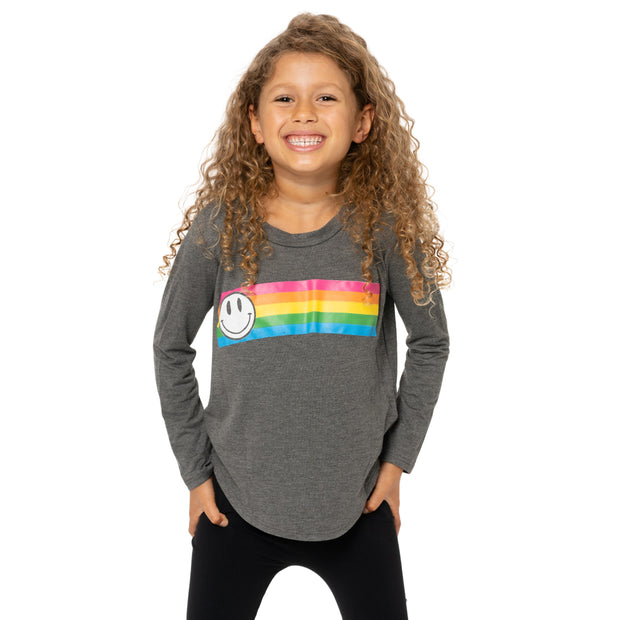 Little Girl's Long Sleeve Tunic with Rainbow Stripe with Happy Faces screen