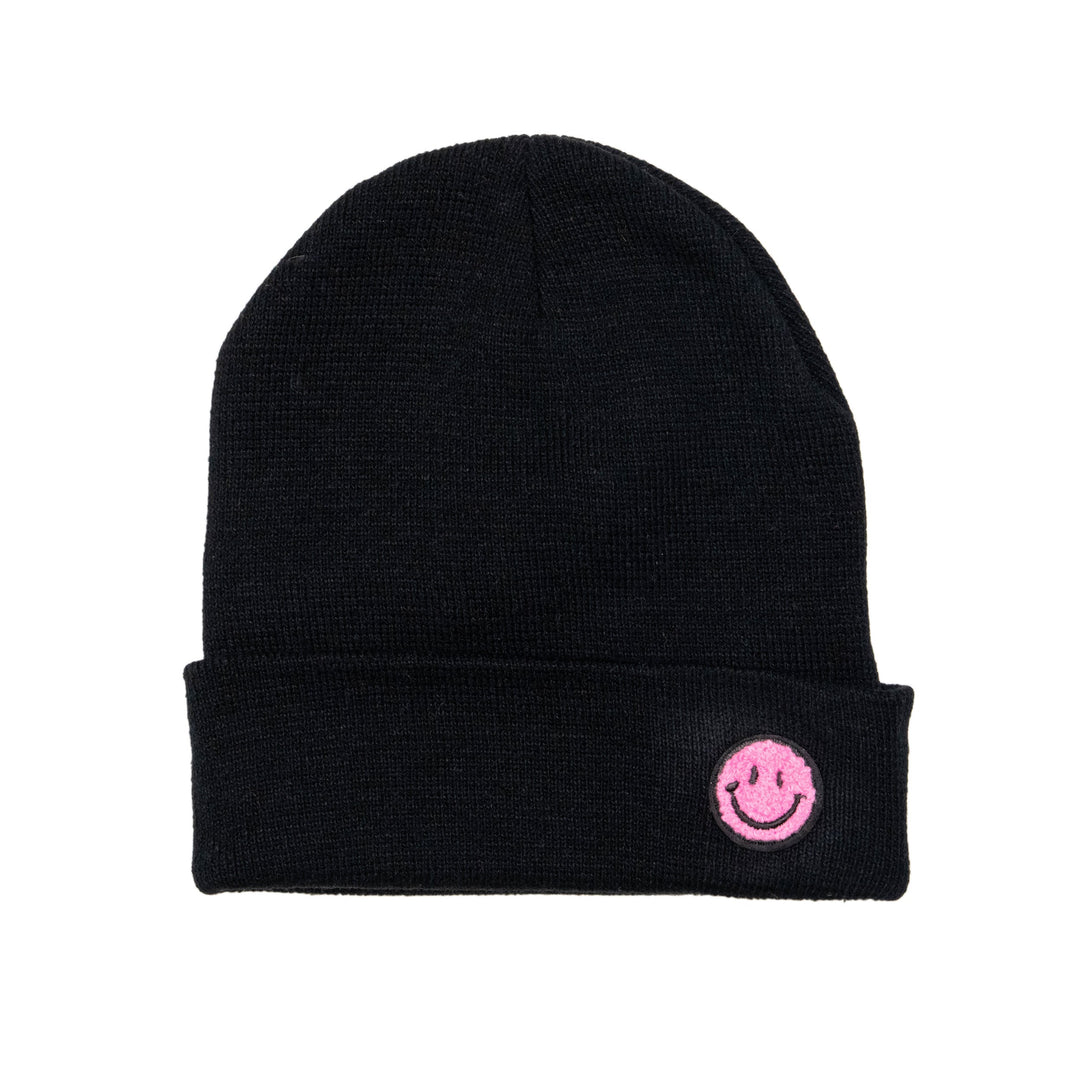 Solid Color Beanie with Smiley Face Patch