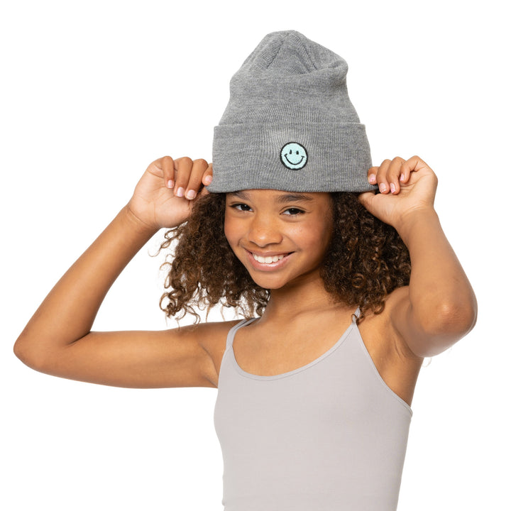Solid Color Beanie with Smiley Face Patch