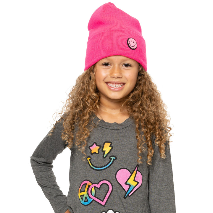 Solid Color Beanie with Smiley Face Patch