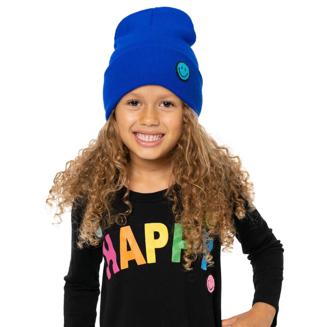 Solid Color Beanie with Smiley Face Patch