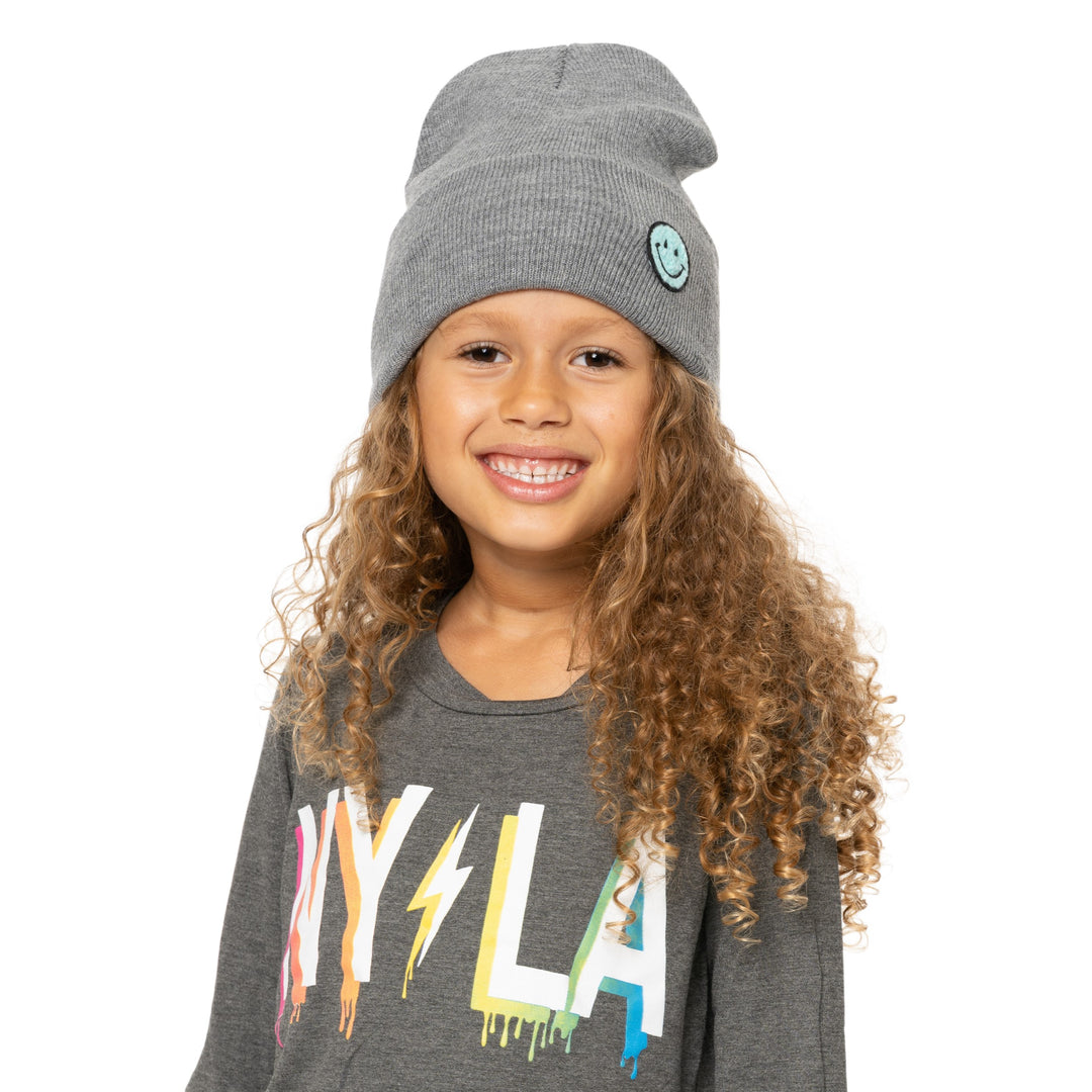 Solid Color Beanie with Smiley Face Patch