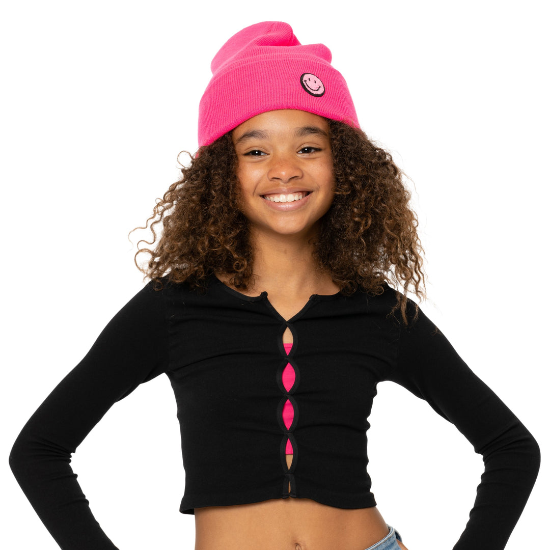 Solid Color Beanie with Smiley Face Patch