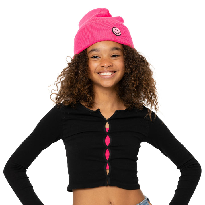 Solid Color Beanie with Smiley Face Patch