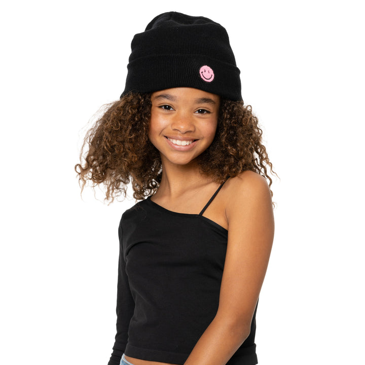 Solid Color Beanie with Smiley Face Patch