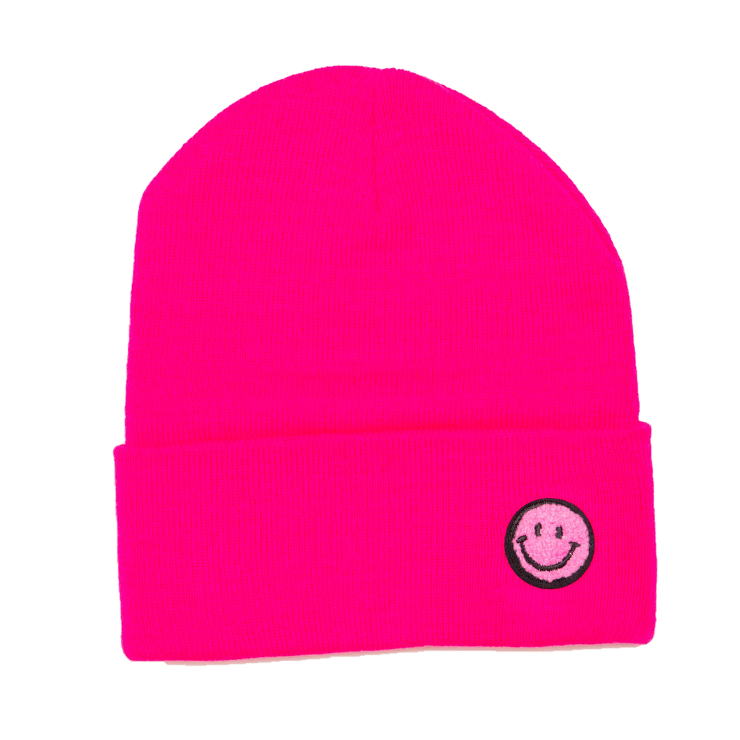 Solid Color Beanie with Smiley Face Patch