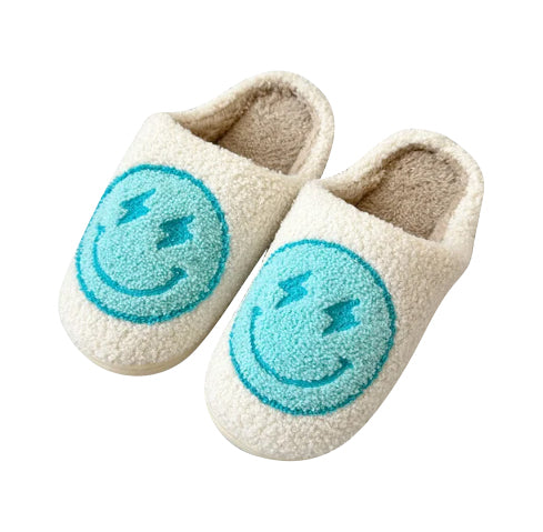 Girl's (10-14) Plush Smiley Face with Lightning Bolts Slippers