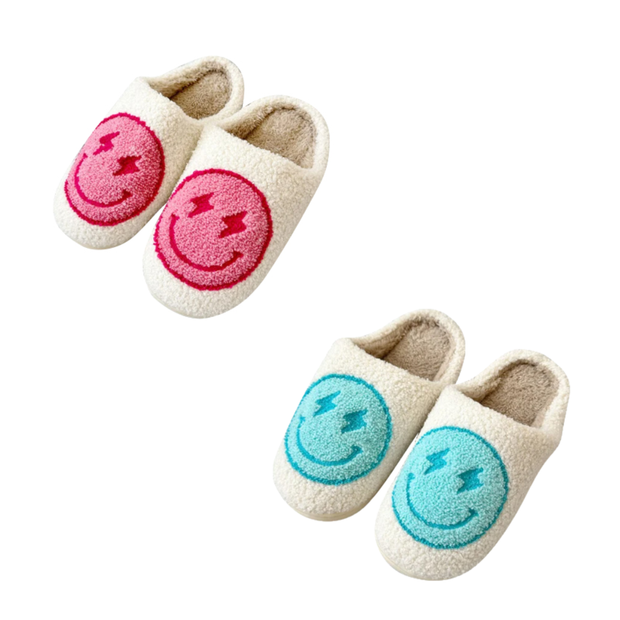 Girl's (10-14) Plush Smiley Face with Lightning Bolts Slippers