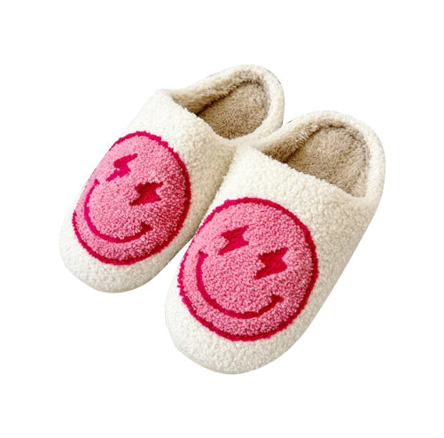 Girl's (10-14) Plush Smiley Face with Lightning Bolts Slippers