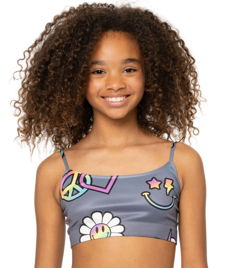 Girls (8-14) Scattered Icons on Black Ombre Background Bandeau Bra Cami